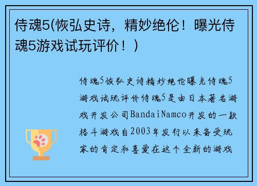 侍魂5(恢弘史诗，精妙绝伦！曝光侍魂5游戏试玩评价！)
